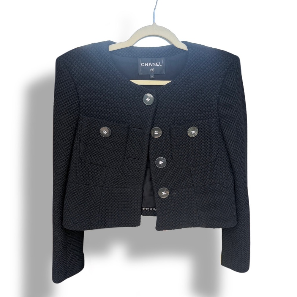 CHANEL Black Textured Tweed Cropped Jacket